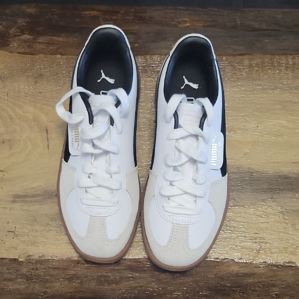 Kids Puma White and Black Sneakers with Tan Sole